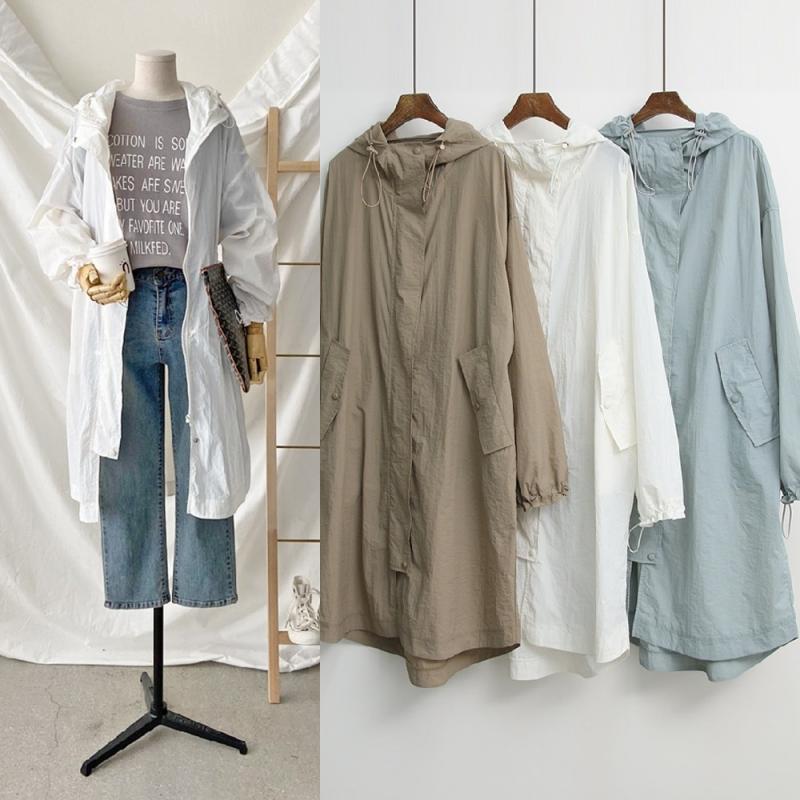 4col 여자 여름 루즈핏 윈드 레인 후드 롱 바람막이 야상 사파리 점퍼