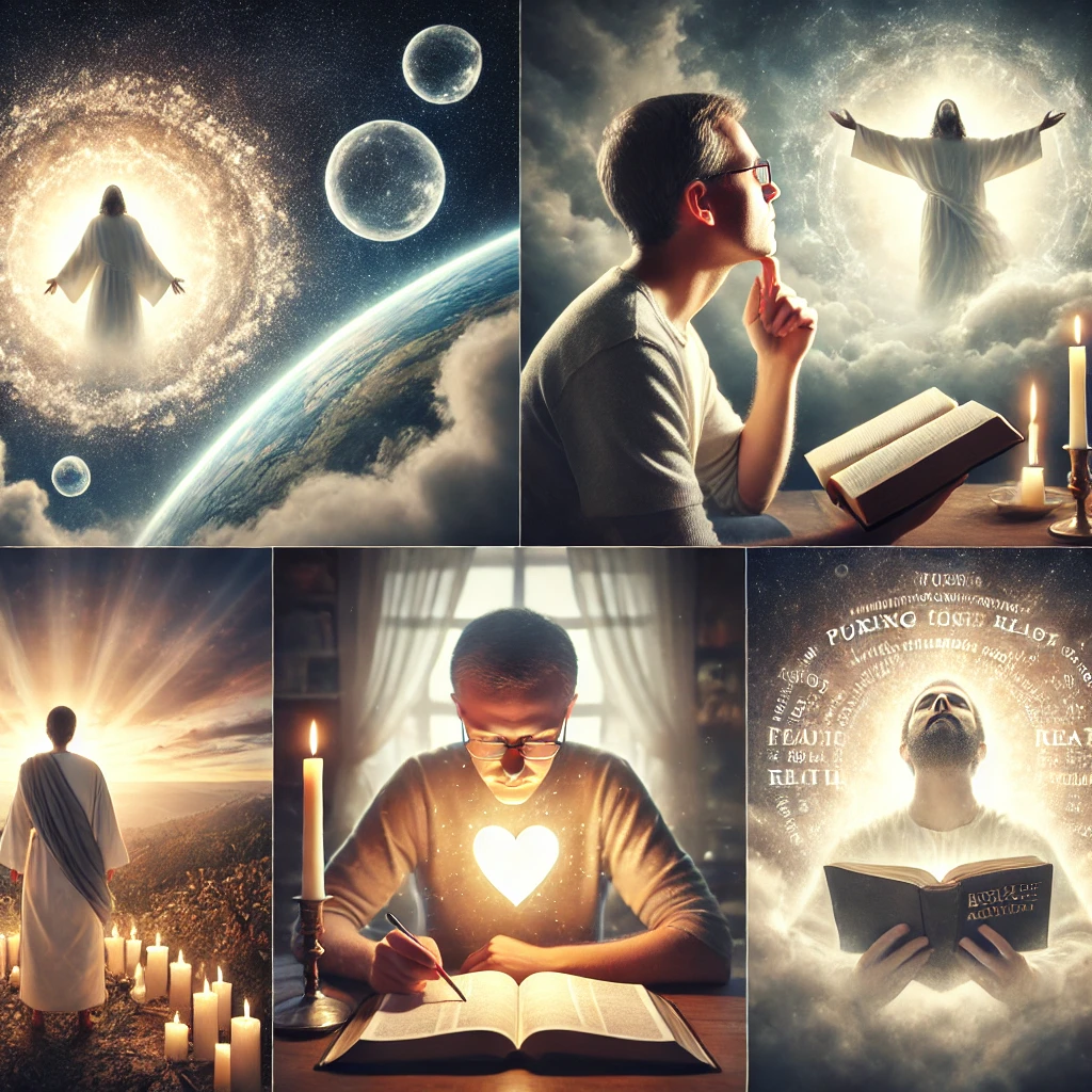 요한계시록 1:7 말씀을 따라, 예수님의 재림을 깊이 묵상하고 말씀을 전하며 정결한 삶을 사는 모습이 담긴 이미지가 있습니다. 이 장면은 예수님의 다시 오심을 기다리며, 두려움과 기쁨 속에서도 성경을 묵상하고 복음을 전하는 신앙의 삶을 강조합니다. 🙏✨📖