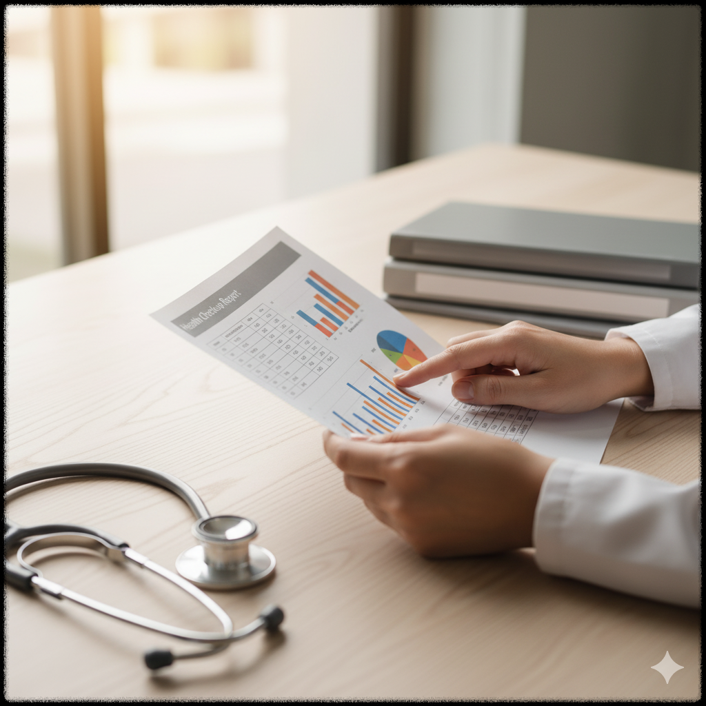 건강검진 결과표를 꼼꼼히 검토하는 모습