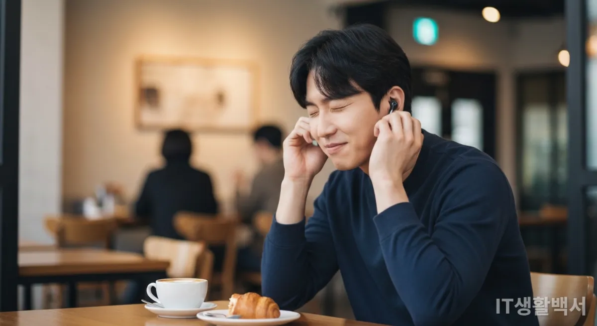 카페에서 고음질 무선 이어폰으로 음악을 감상하며 미소 짓는 한국 남성