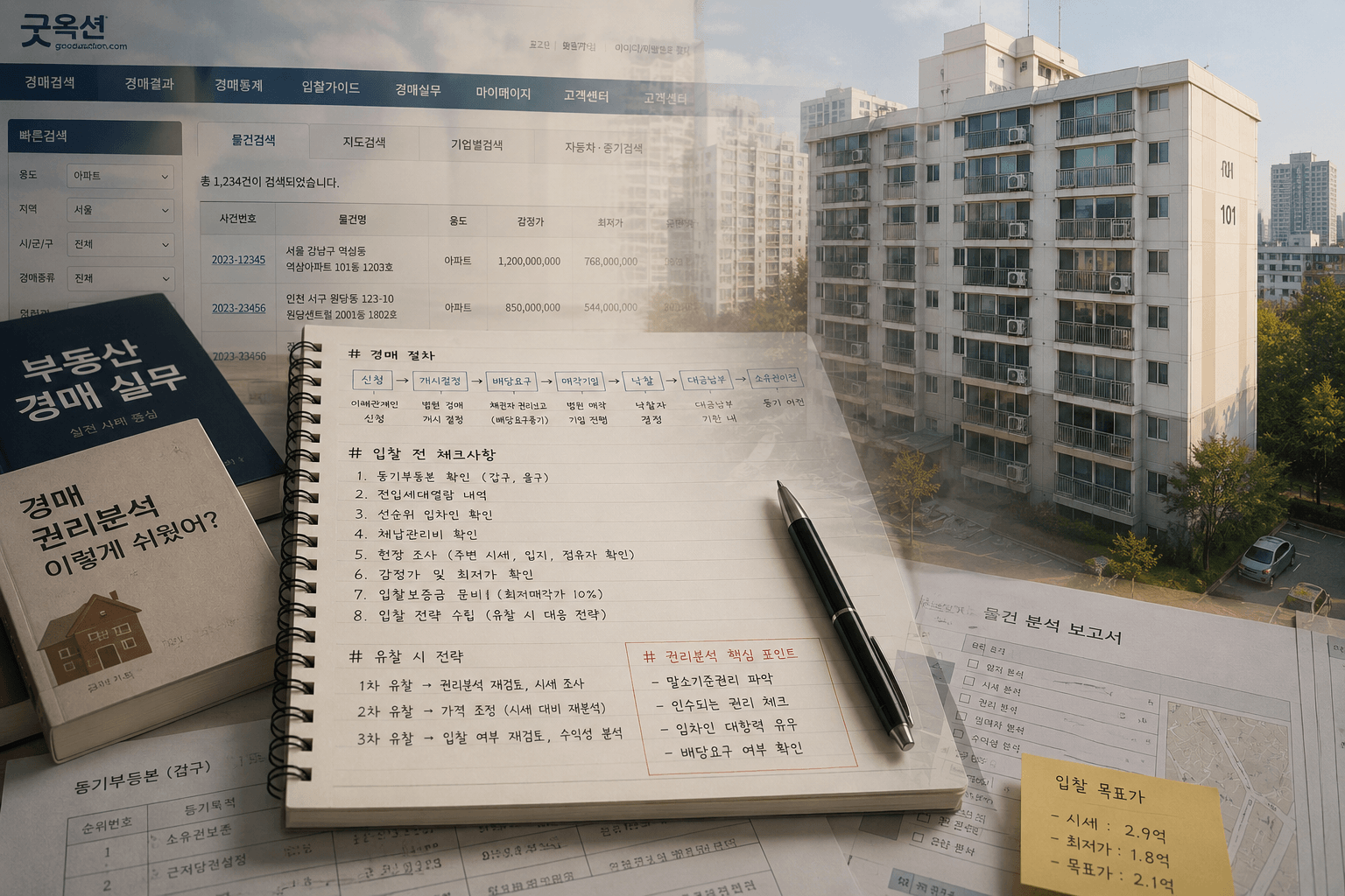 경매 공부 자료와 소형 아파트 사진