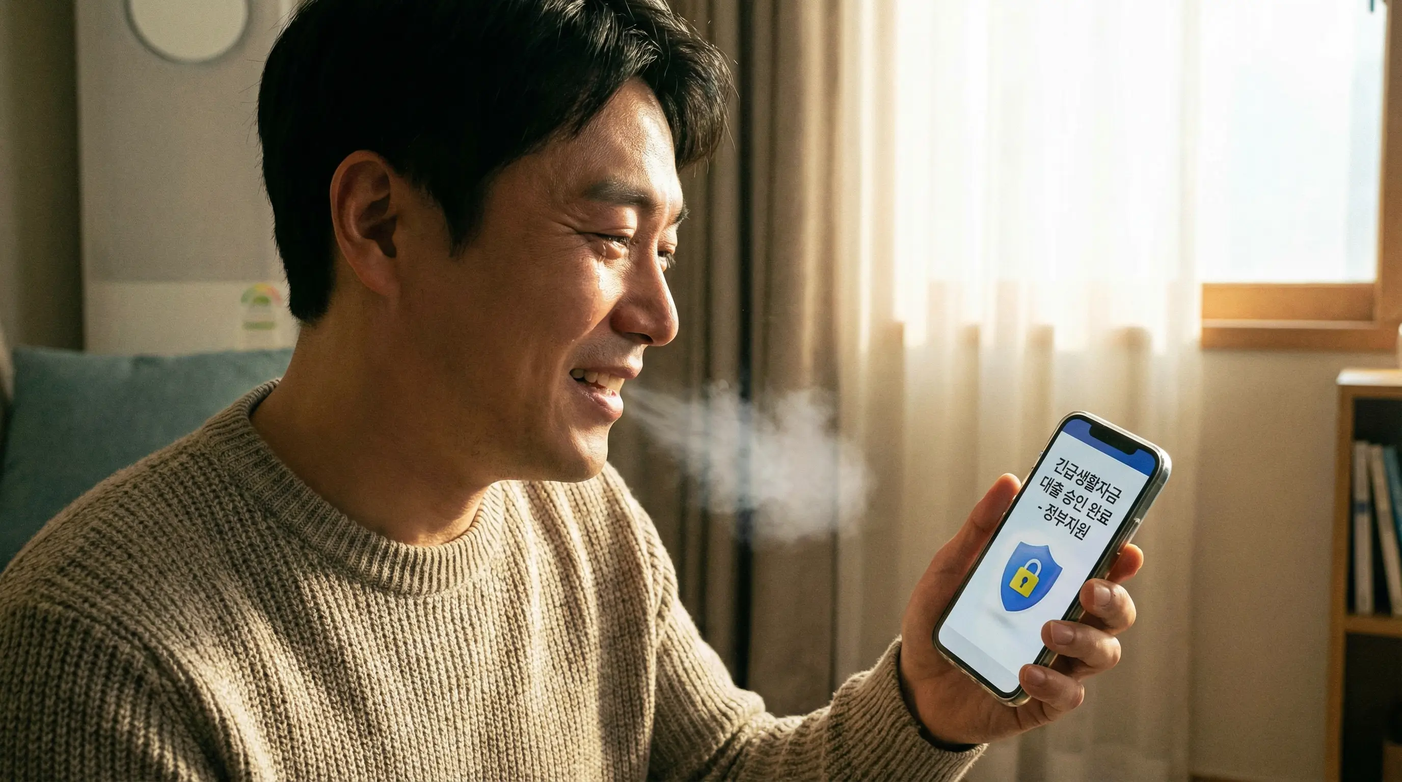 스마트폰으로 안전하게 정부 지원 대출을 신청하고 승인 메시지를 확인하며 안도하는 모습