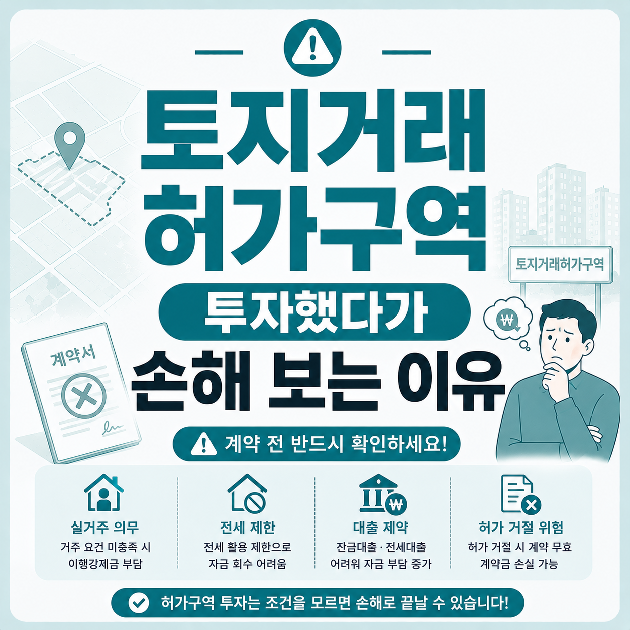 토지거래허가구역 투자 위험과 계약 조건을 고민하는 투자자 모습