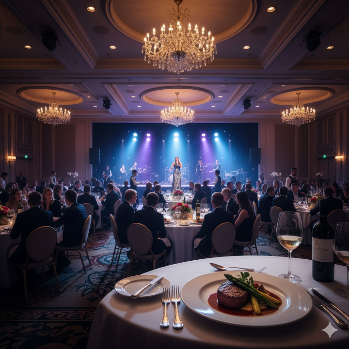 디너쇼가 열리는 특급 호텔 연회장 분위기와 고급 코스 요리 사진