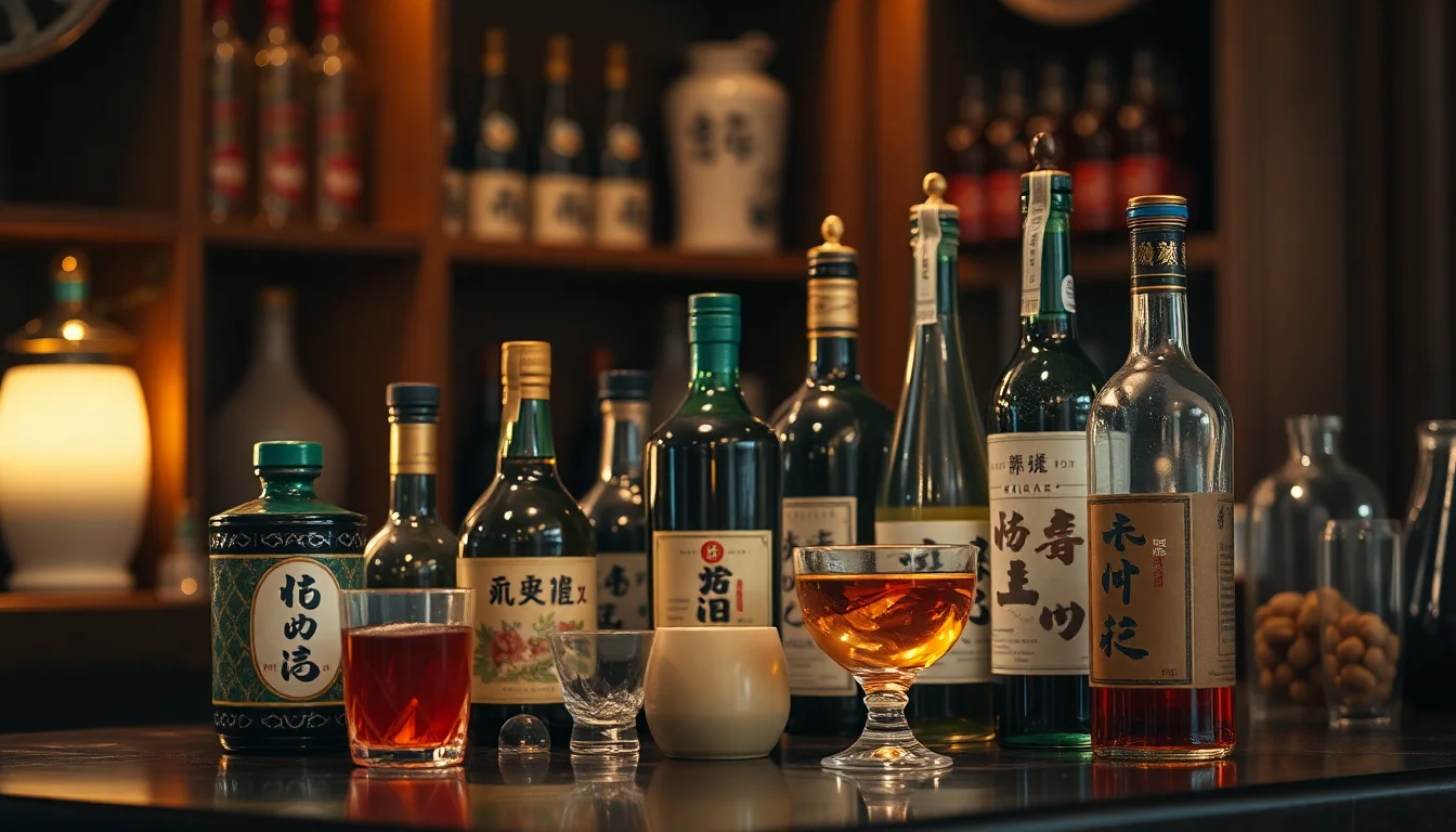 따뜻한 조명 아래 놓인 아름다운 전통주 향연