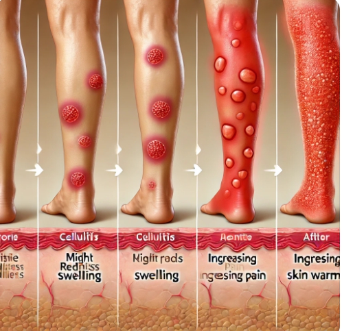 다리에서 진행되는 증상 단계별 표현 &rarr; 부기 &rarr; 홍반 &rarr; 통증 강화 흐름 설명