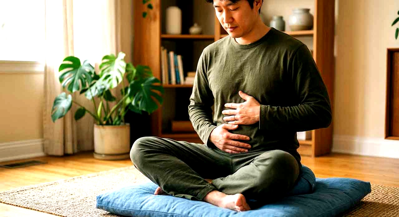 복부 호흡과 이완을 통해 장 건강을 관리하는 모습이다. [ⓒ이달의건강]