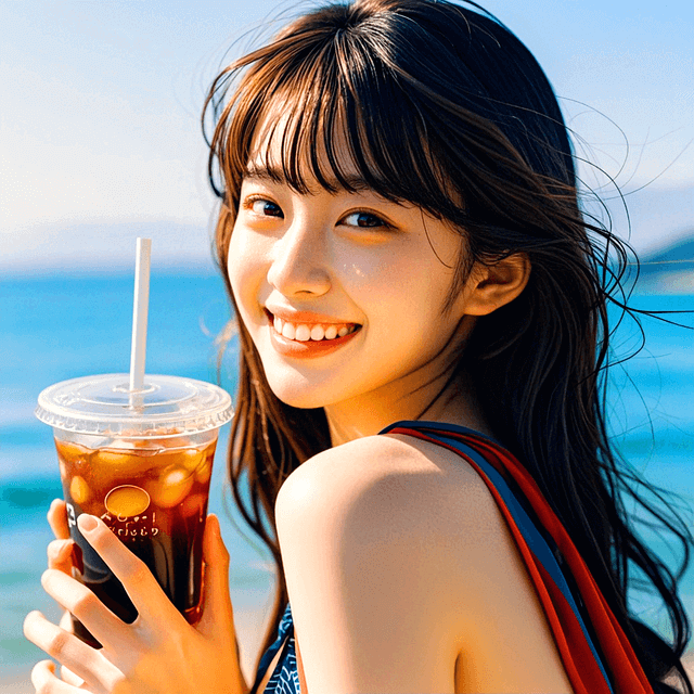 김 검정머리 젊은 미녀가 아이스커피를 들고 바닷가에서 고개를 돌려 정면을 바라보며 웃는다.