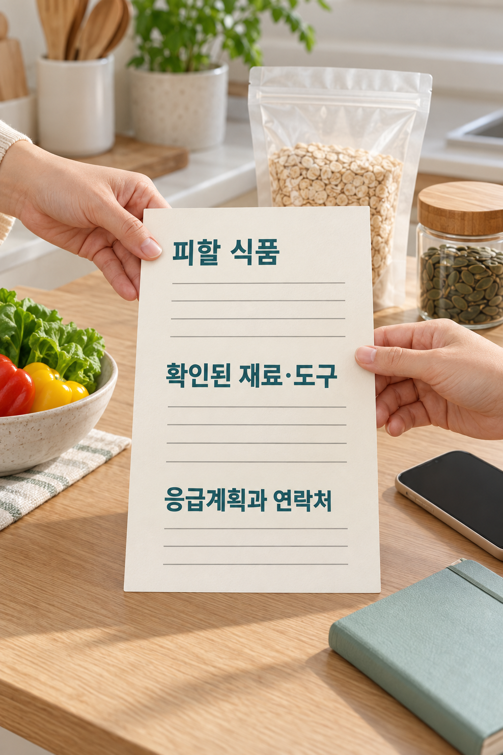 돌봄자에게 사용할 포장 식품과 피할 식품·조리 조건·응급계획 메모를 전달하는 손