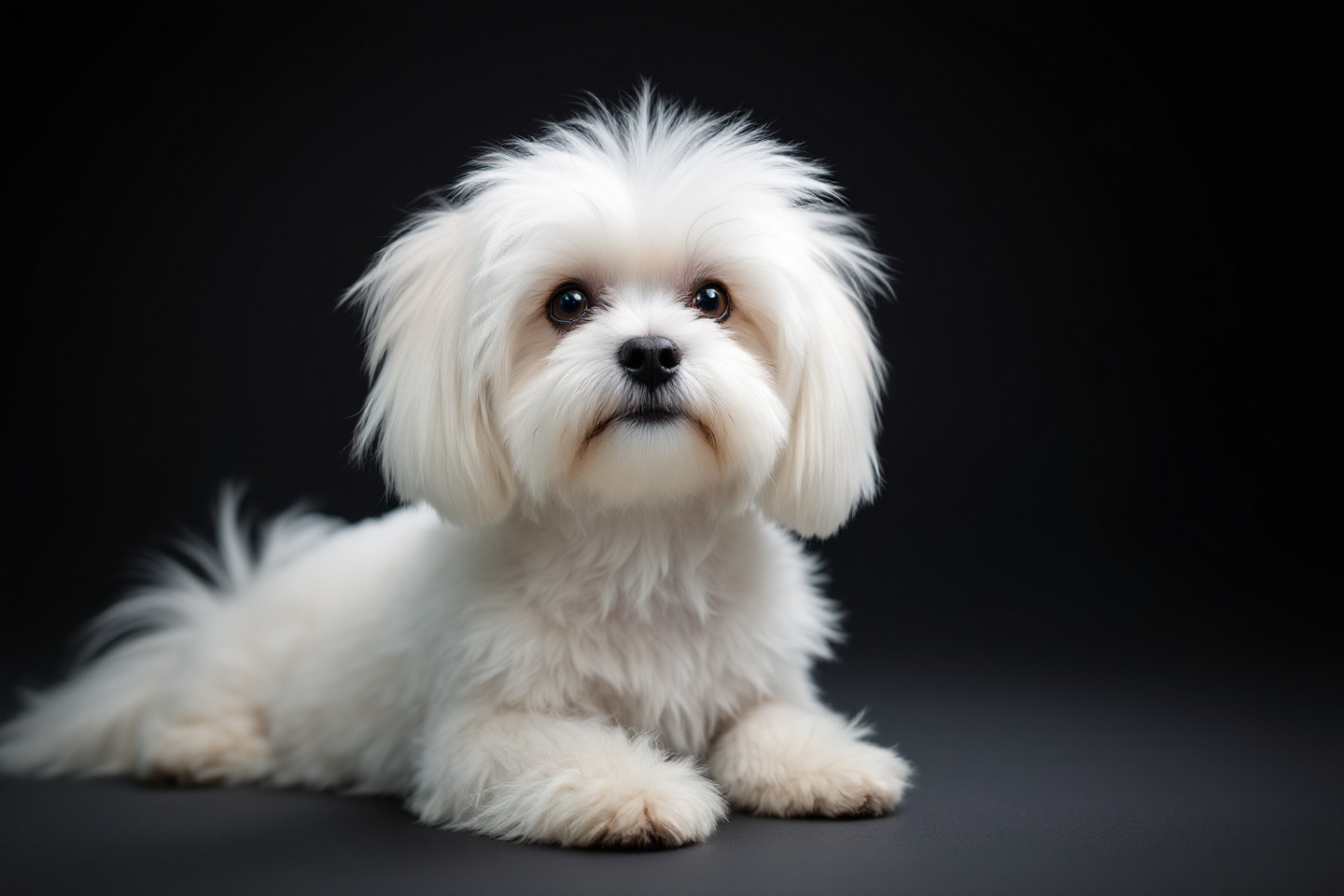 maltese dog with long white fur, small body, sitting obediently