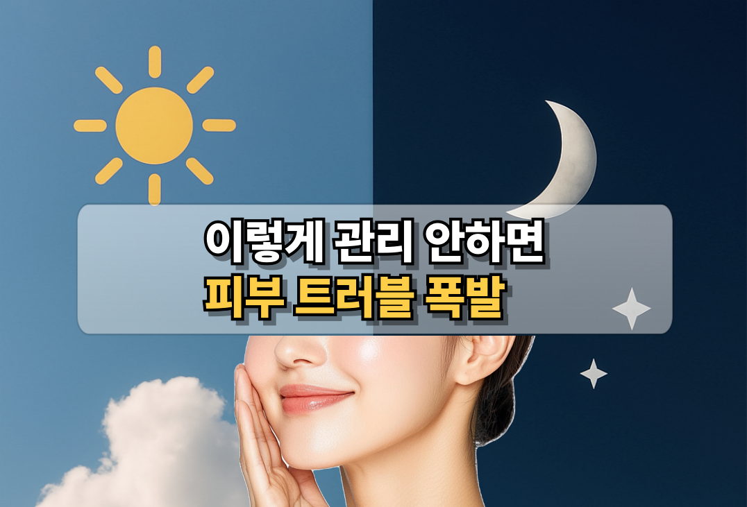 일교차가 큰 봄철의 낮과 밤을 표현한 하늘 배경 위에, 피부 관리를 하고 있는 여성의 미소와 함께 '이렇게 관리 안하면 피부 트러블 폭발' 이라는 문구가 강조된 썸네일 이미지