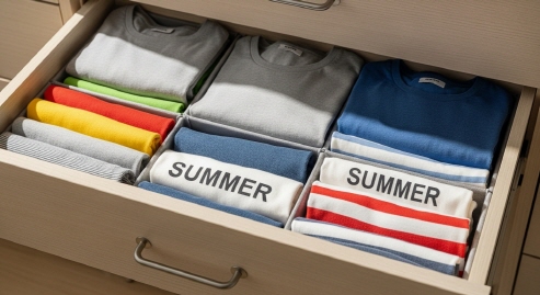 서랍 속 정리된 여름 티셔츠들