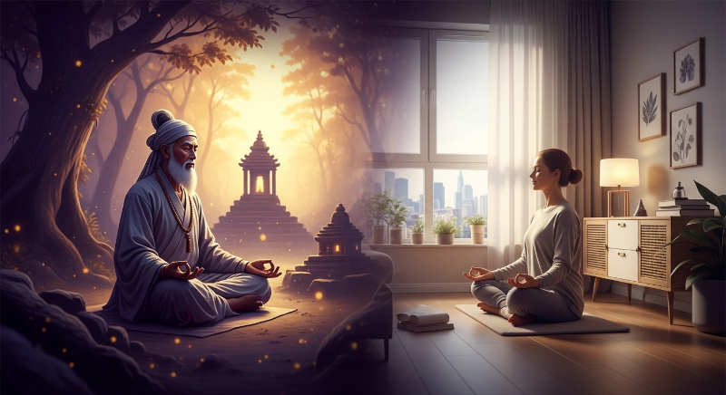 고대 현자가 명상하는 모습과 현대인이 마음챙김을 실천하는 모습이 조화롭게 어우러져 시대를 초월한 평온함을 나타내는 이미지
