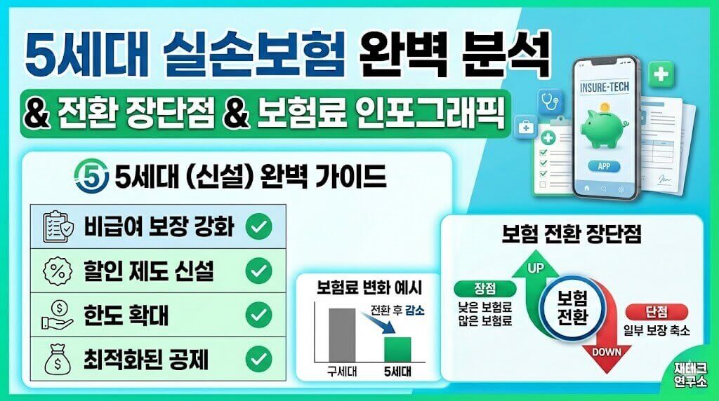 5세대 실손보험 소개, 전환 장단점 시각자료, 보험료 변화 인포그래픽
