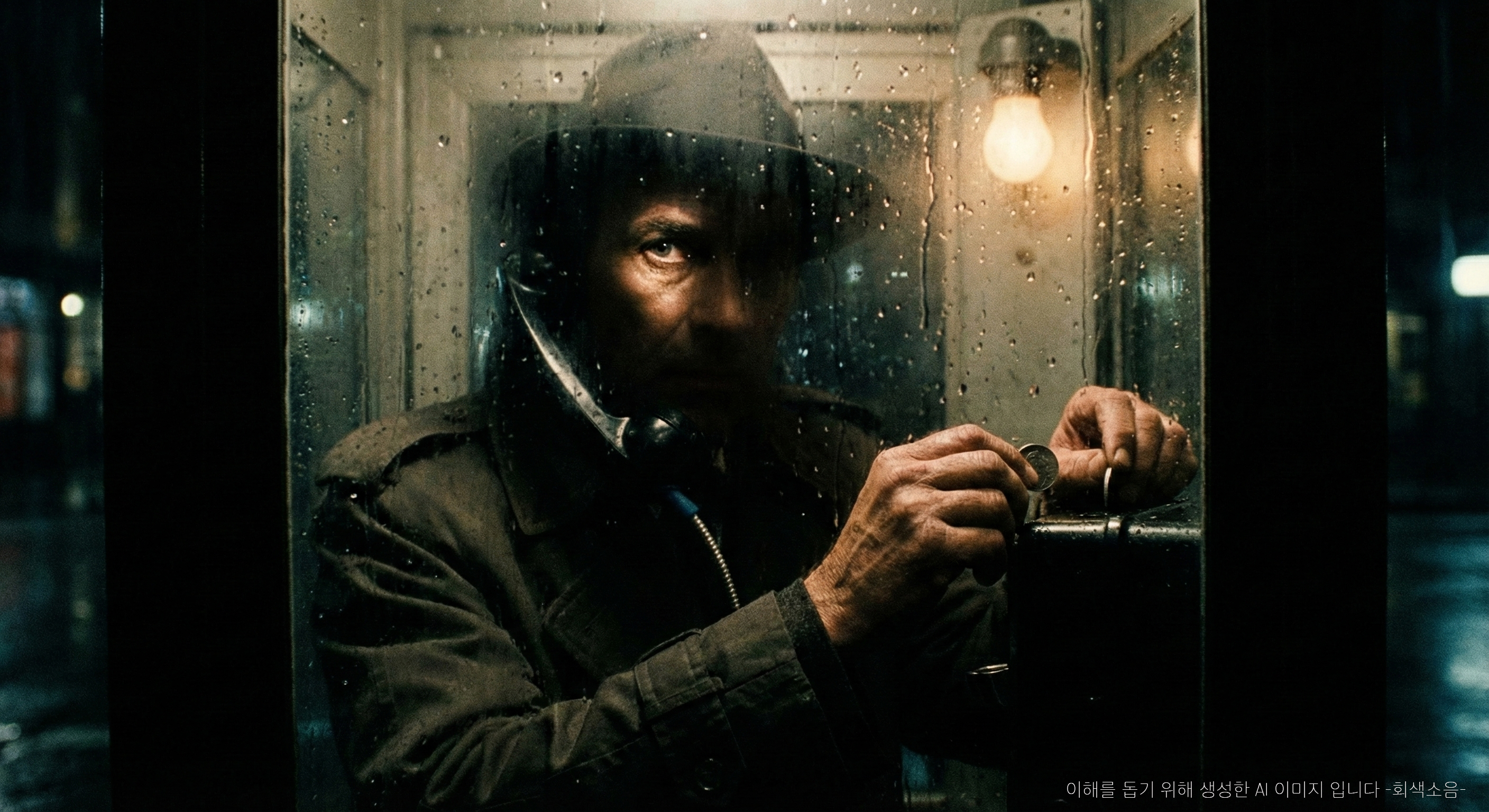 배신의 전화 : 비 내리는 밤의 낡은 전화부스 안에서 젖은 유리 너머로 수화기를 움켜쥔 손과 동전을 망설이는 손, 어둠 속 한쪽 눈만 드러난 남자(에디)의 긴장이 응축된 누아르 장면.