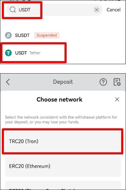 검색창에 USDT를 찾고, 네트워크로 TRC20을 선택하는 창