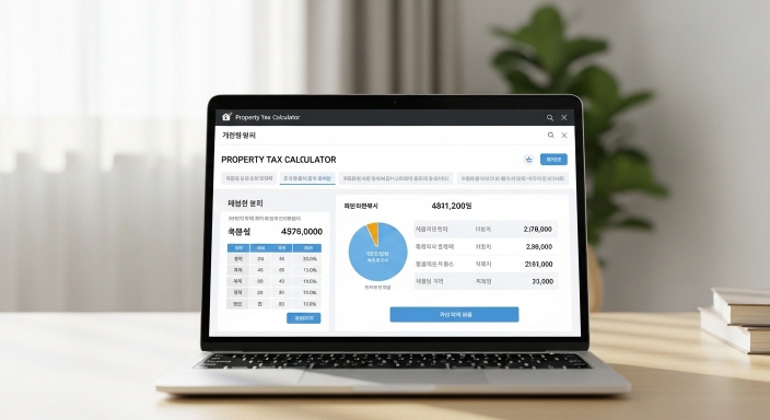 노트북 화면에 재산세 계산기 결과가 보이는 모습