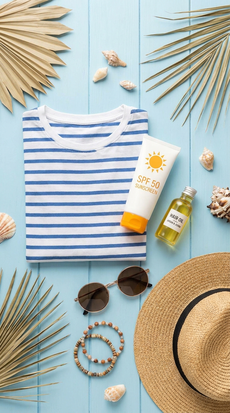 Flat lay photography of summer essentials including striped clothing, sunscreen bottle, hair oil, and accessories arranged neatly on a light pastel background