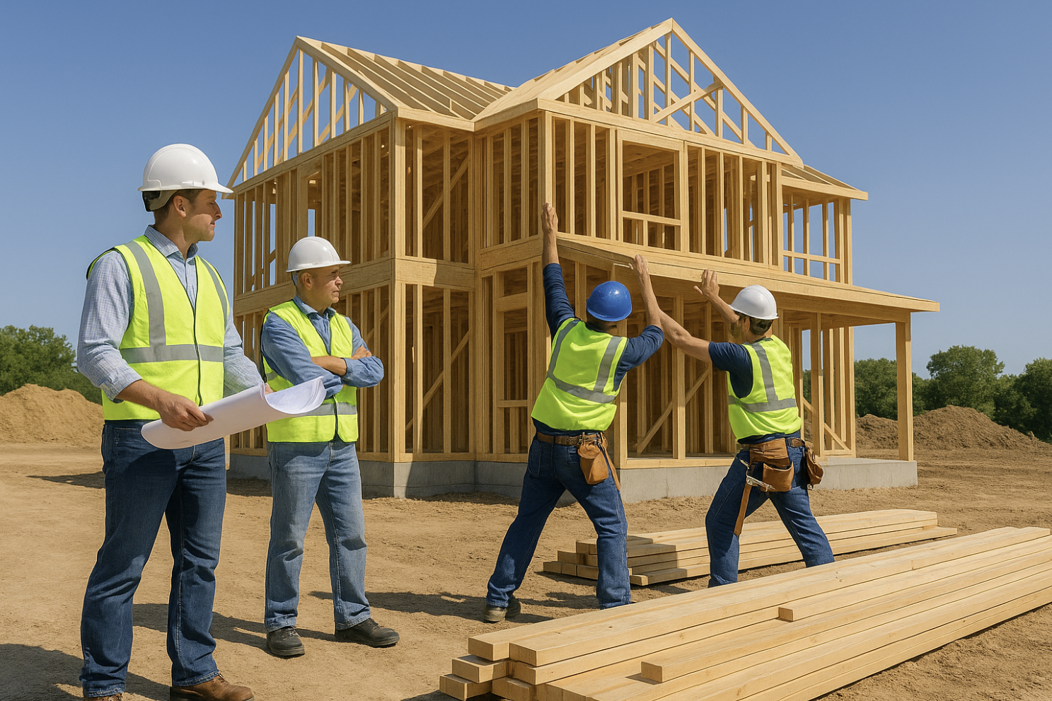 시공업체 직원들이 단독주택을 시공하는 모습이 담긴 사진