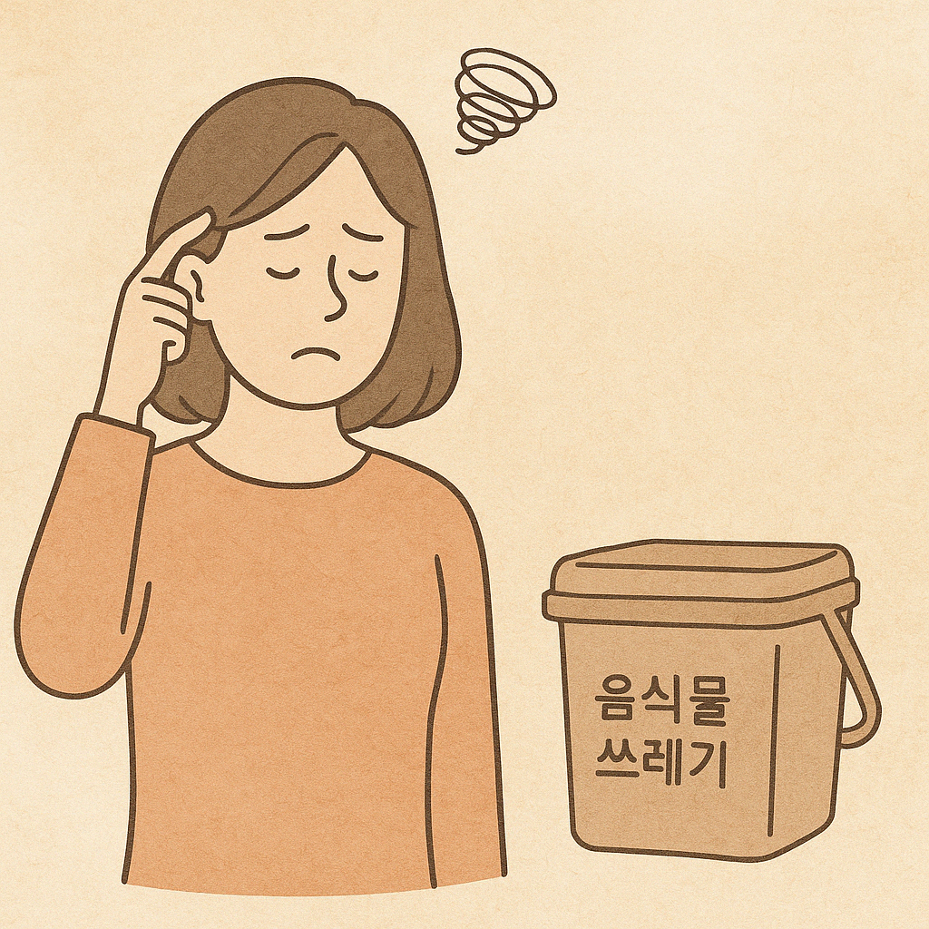 깜빡한 기억으로 당황하는 여성과 음식물 쓰레기통 일러스트