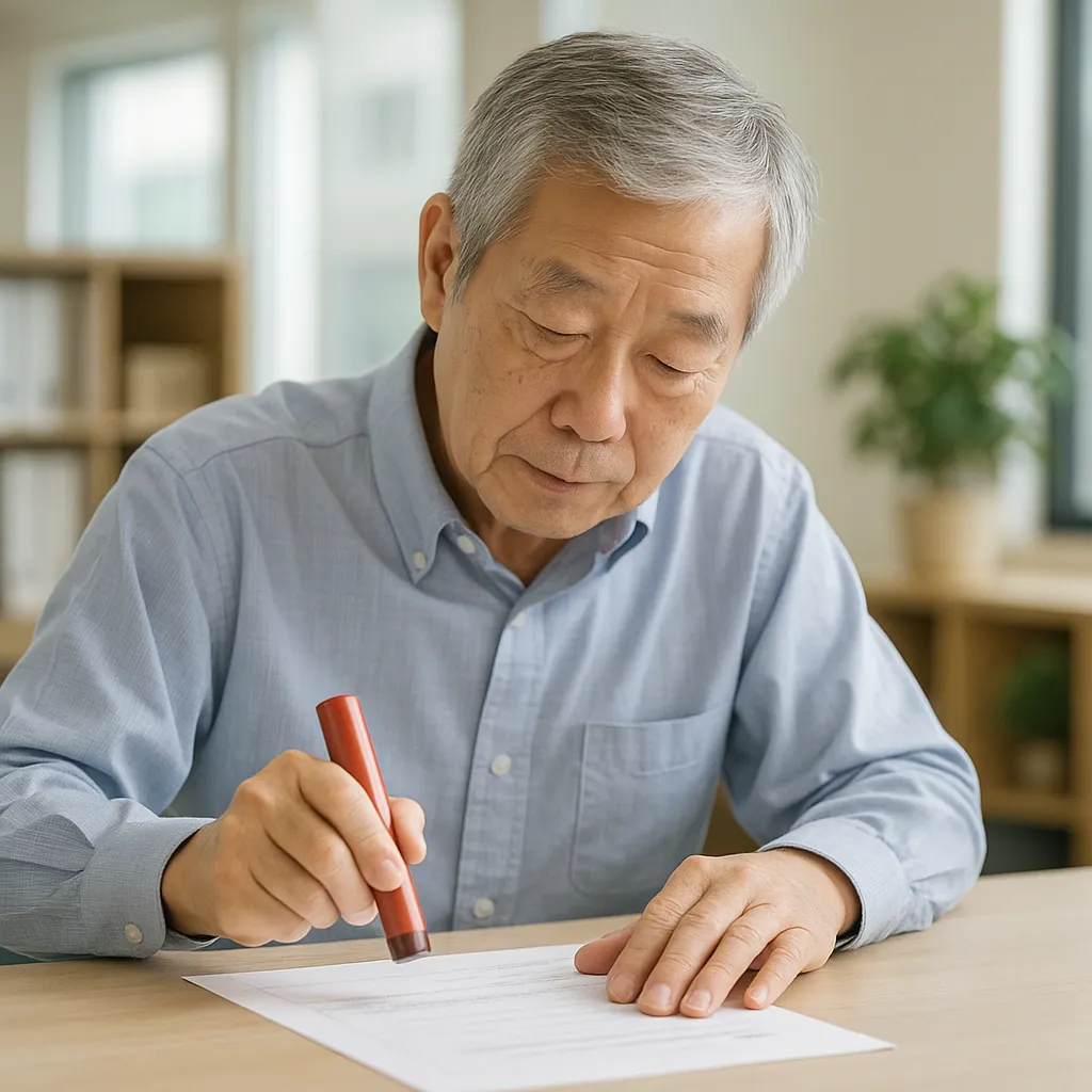 밝은 사무실에서 도장으로 서류에 서명하는 장면