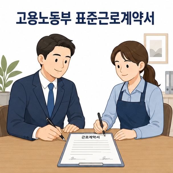 사업주와 근로자가 고용노동부 표준근로계약서를 작성하고 서명하는 이미지
