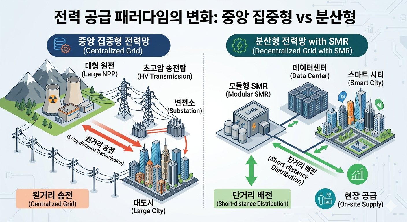 중앙 집중형 전력망과 SMR 기반 분산형 전력망 비교 (출처: 직접 작성)