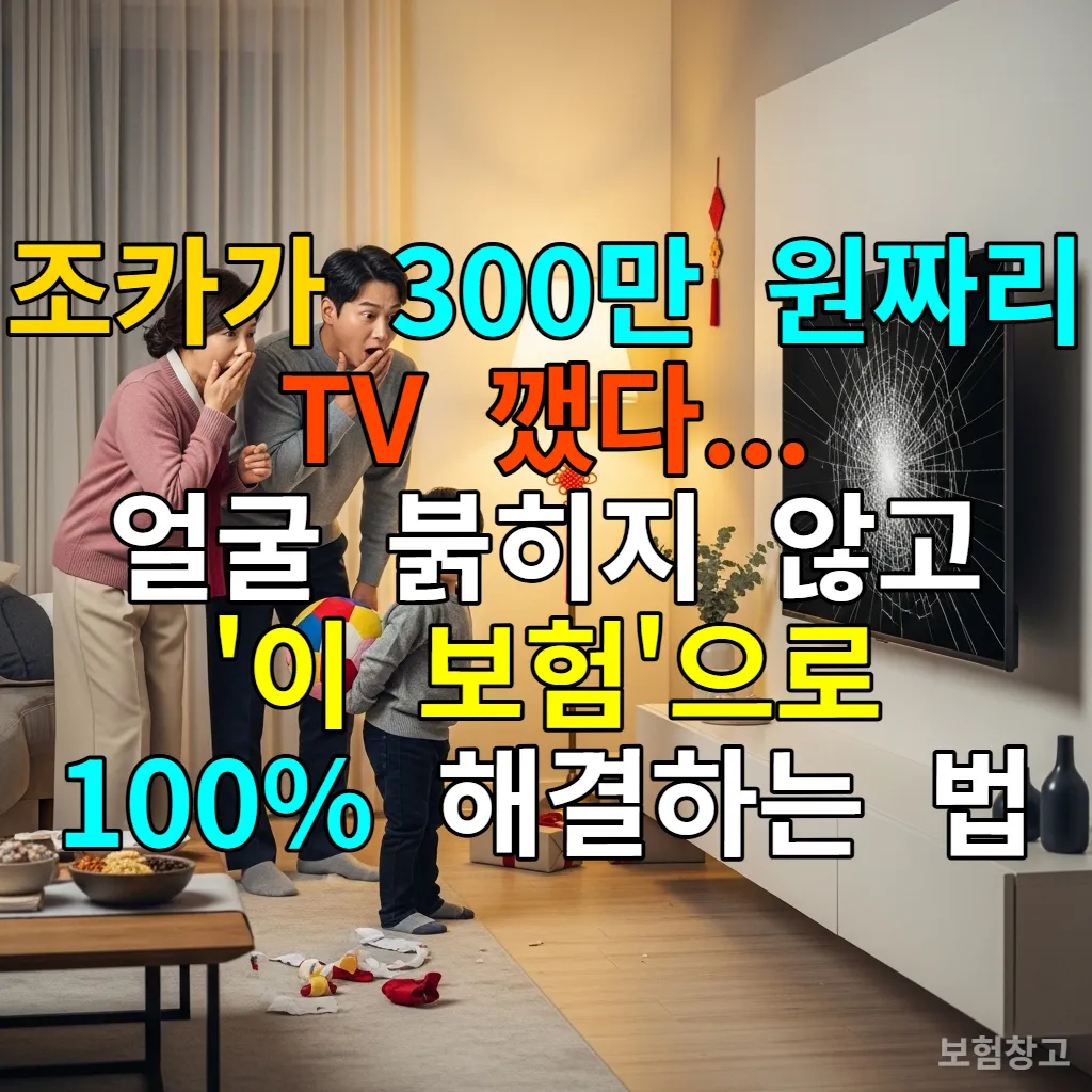 거실에서 조카가 공놀이하다가 깨진 대형 TV 화면을 보고 놀란 한국 가족의 모습