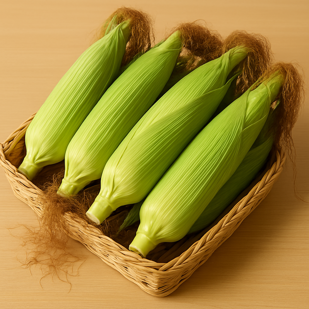 껍질과 수염이 달린 옥수수가 바구니에 가지런히 담겨 있는 모습