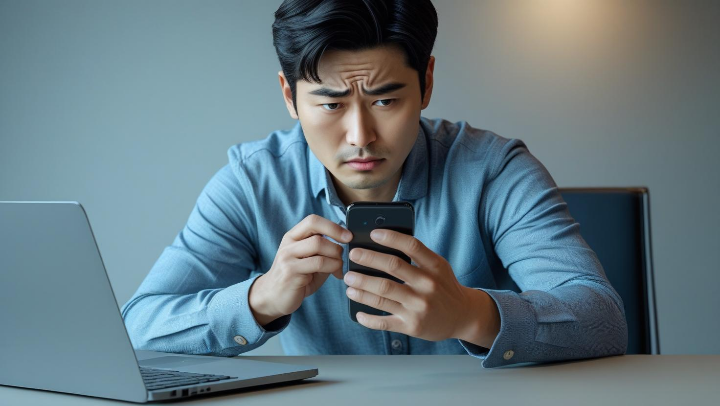 느린 속도와 낮은 가독성 때문에 불편해하는 남성 블로거