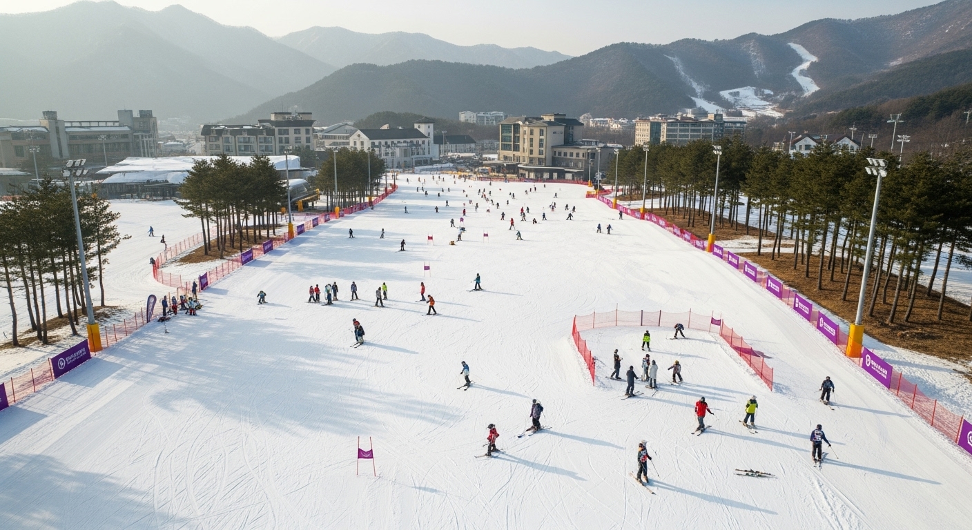 강원도 스키장의 넓고 완만한 초보자 슬로프를 위에서 바라본 전경. 많은 초보 스키어들이 강습을 받으며 스키를 배우고 있습니다.