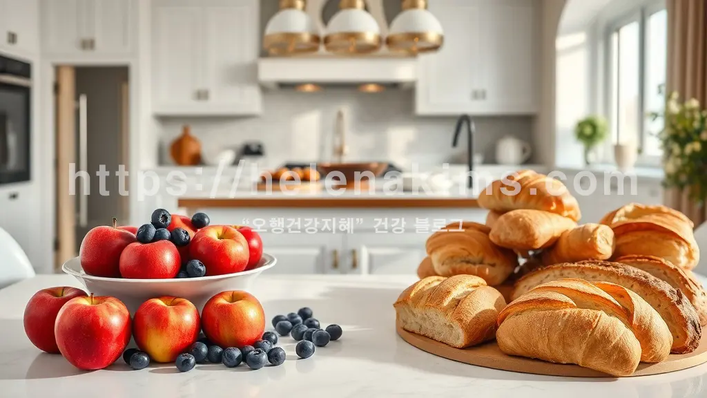 왼쪽은 아침 공복에 섭취 하면 좋은 사과와 블루베리 등이 있고, 오늘쪽에는 아침 공복에 섭취 하면 나쁜 음식 빵 등이 놓인 이미지.