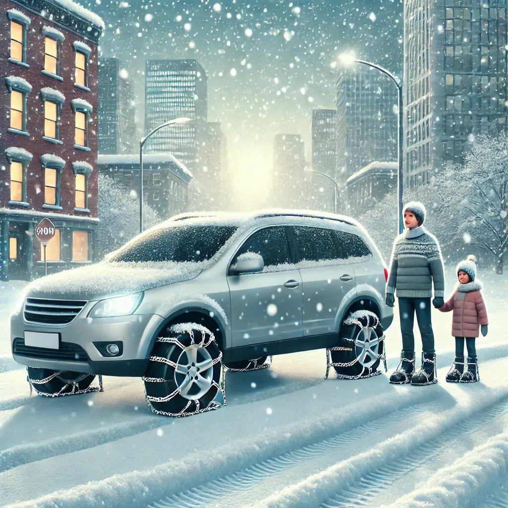 겨울 도시 도로에서 스노우 체인을 장착한 가족 차량