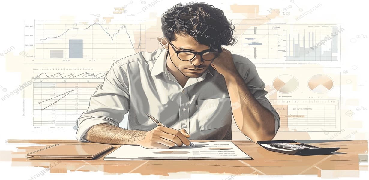 투자자가 포트폴리오 리밸런싱 방법(수동, 반자동, 자동)을 비교하며 전략을 구상하는 모습