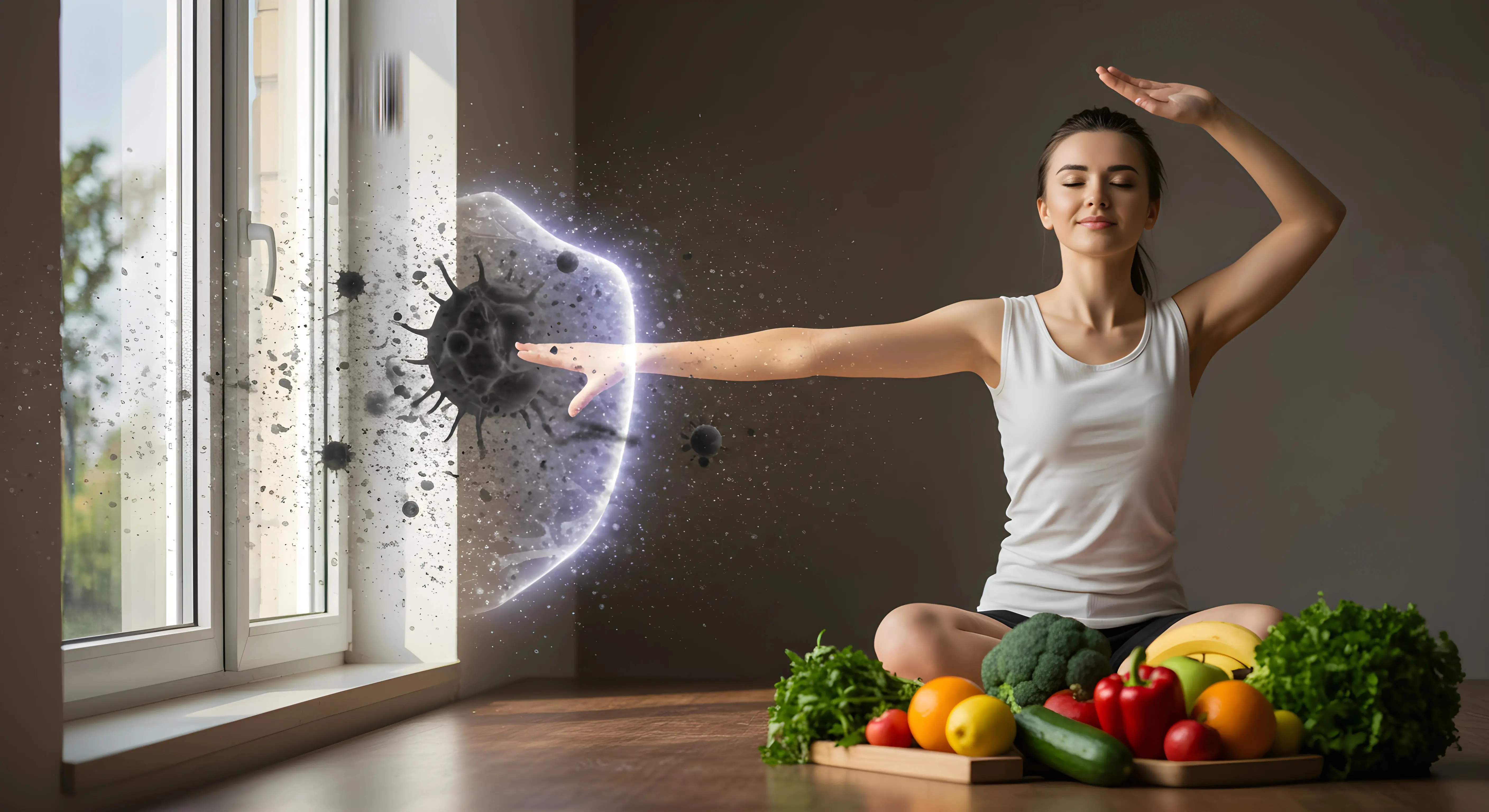 창가에서 명상 자세로 앉아있는 여성이 에너지 보호막으로 활성산소를 차단하고 있으며, 주변에는 다양한 신선한 과일과 채소가 놓여 있다. 건강한 생활과 미토콘드리아 관리를 시각적으로 표현한 이미지.