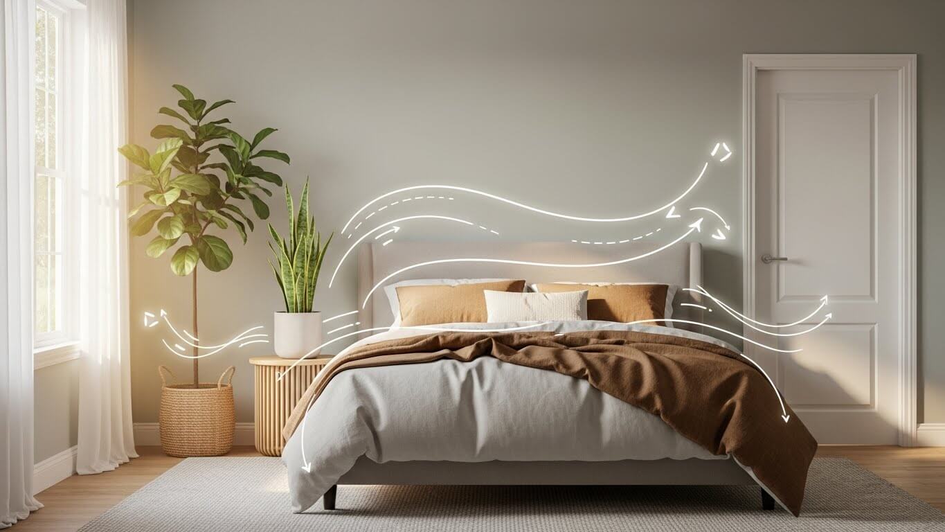 풍수지리의 기 흐름을 시각화한 침실 인테리어 이미지. 창문, 식물, 침대 주변을 흐르는 에너지 라인이 강조된 숙면 배치 예시.