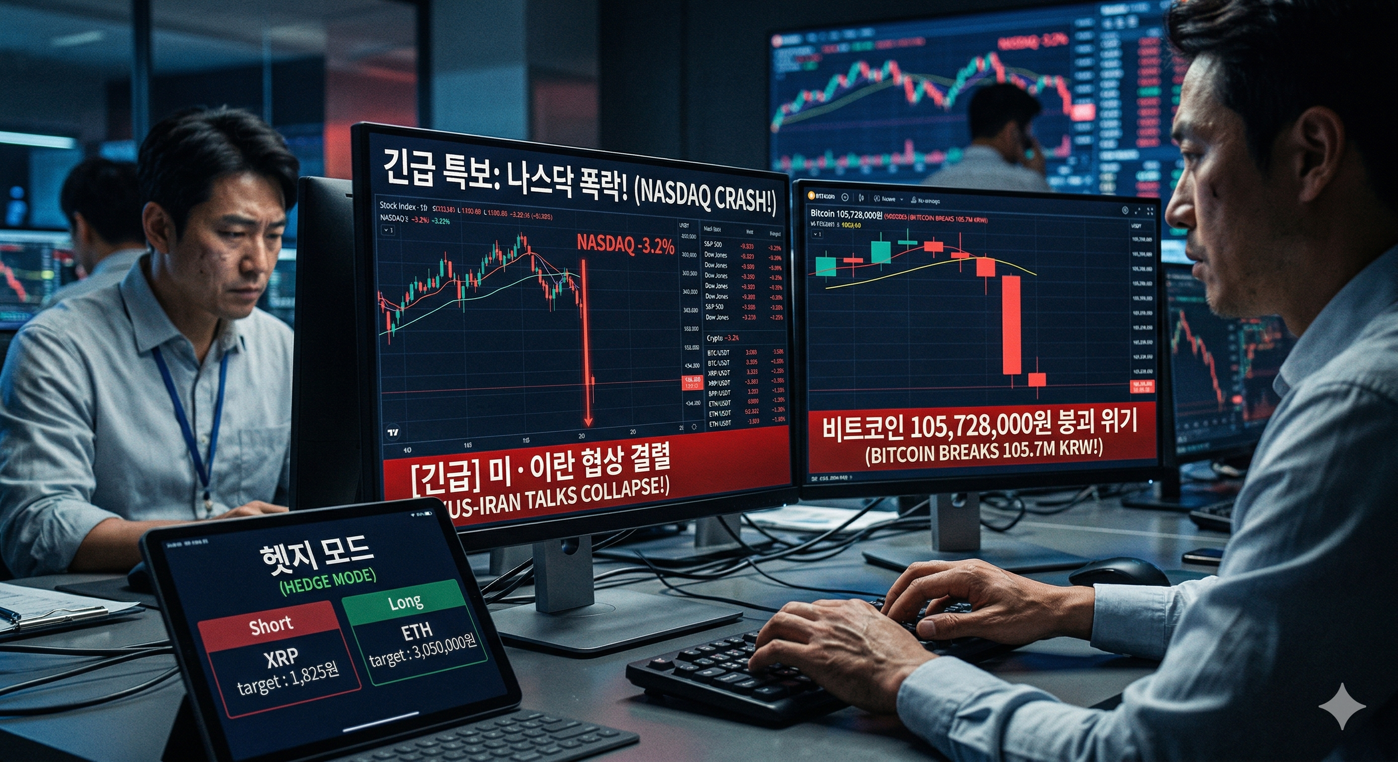 미&middot;이란 협상 결렬로 인한 나스닥 폭락 속, 비트코인 105,728,000원 지지선 붕괴 시나리오를 분석한 이미지입니다. 긴급 특보 형식의 붉은색 헤더 아래, 하락하는 캔들 차트와 함께 '비트코인 105M 사수 전략'이라는 문구가 보입니다. 특히 이미지 하단에는 바이낸스 헷지 모드(Hedge Mode)를 활용하여 1만 원 소액으로 리플(XRP) 1,962원 숏(Short) 타점과 이더리움(ETH) 3,180,000원 롱(Long) 타점을 동시에 잡는 '양방향 덫' 설계도가 수치로 명시되어 있어, 폭락장을 수익 기회로 만드는 구체적인 비기를 시각화했습니다.