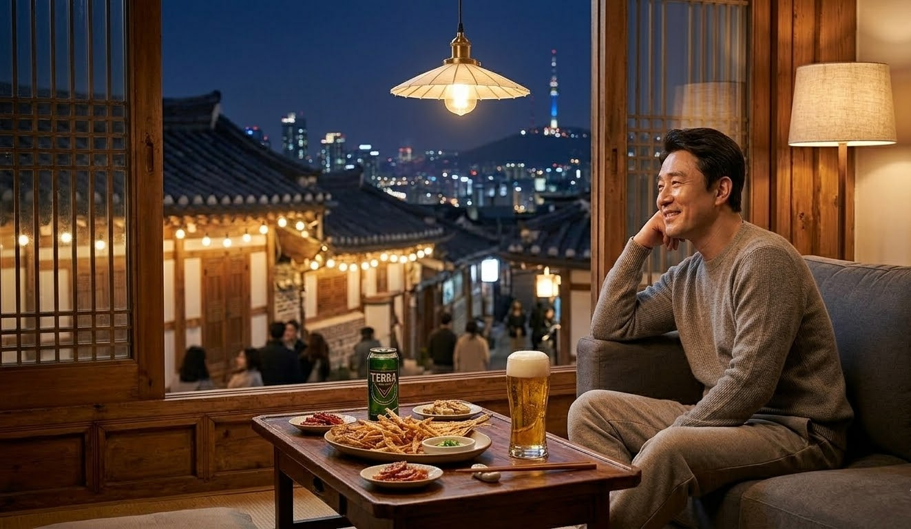 창밖으로 야경이 보이는 아늑한 거실에서 맥주 잔을 들고 휴식을 취하는 편안한 모습입니다.