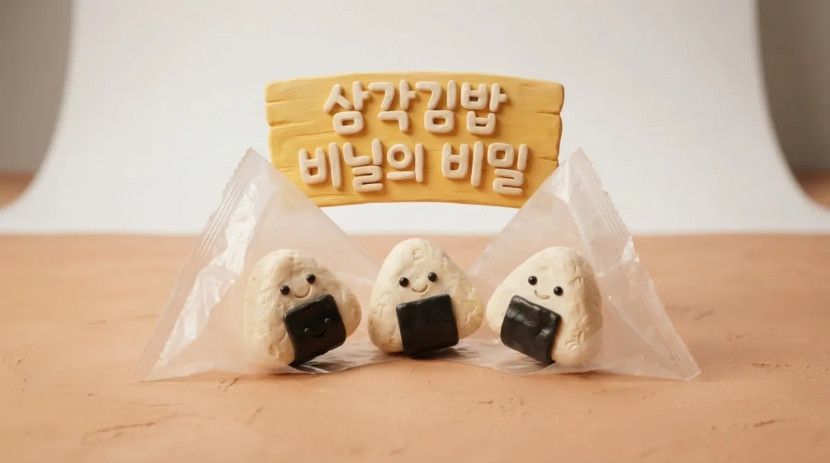 삼각김밥 비닐 세 조각 포장의 원리를 설명하는 메인 썸네일 - 찢어진 비닐과 갓 벗긴 김을 보여주는 클레이 애니메이션