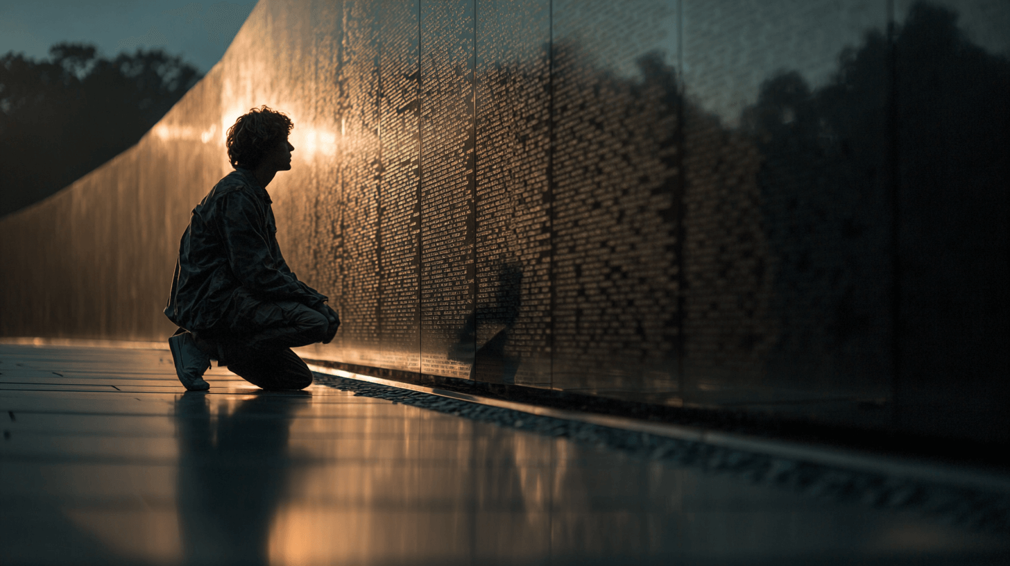 명단이-쓰여있는-벽을-바라보며-무릎-꿇고-있는-남자