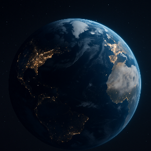 2025 Earth Hour 동안 촬영된 지구의 야경 위성 이미지, 도시 불빛과 어두운 대양이 대조되는 모습