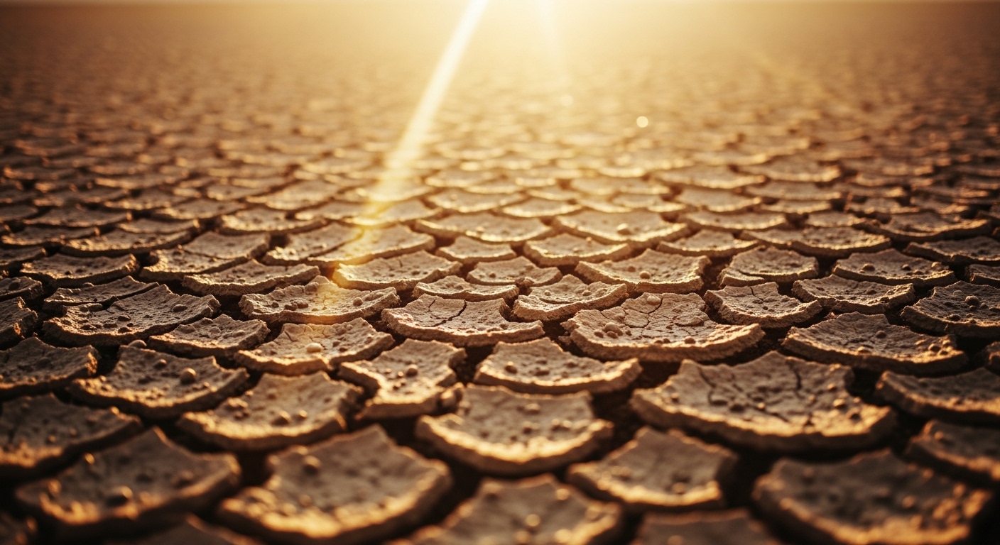 건조해서 갈라진 대지 위에 따뜻한 햇살이 내리쬐는 감성적인 배경 사진