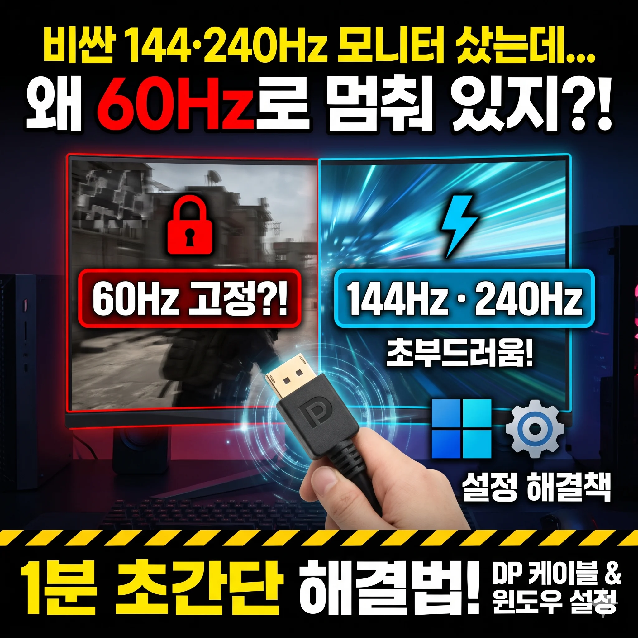 모니터 144Hz 240Hz 주사율 미적용 60Hz 멈춤 해결 가이드 썸네일