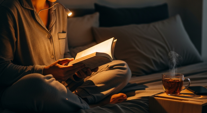 잠들기 전 침대에 앉아 스마트폰 대신 종이책을 읽으며 휴식을 취하고 있는 편안한 모습