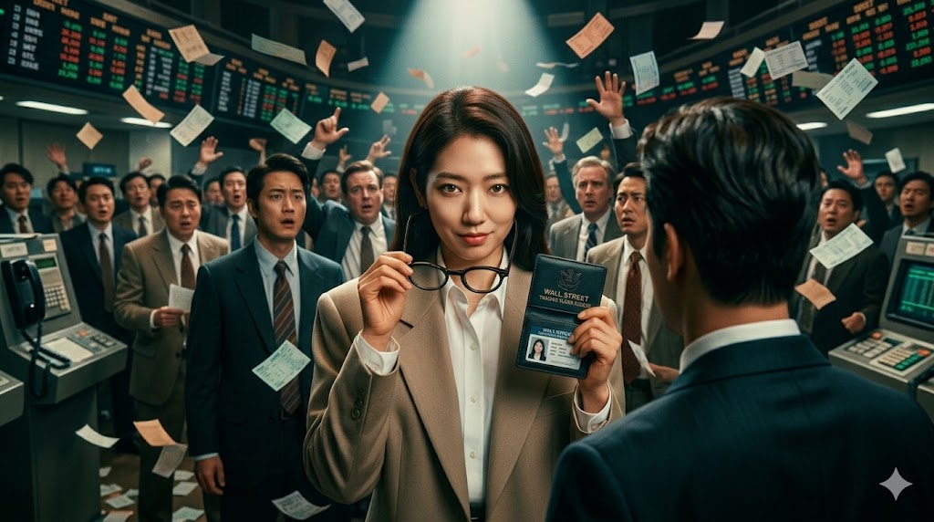 Park Shin-hye in 90s office suit taking off thick glasses confidently holding an ID badge dramatic lighting