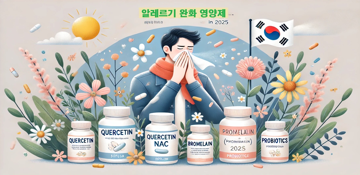 2025년 봄철 알레르기 완화 영양제 추천 인포그래픽 – 쿼세틴, NAC, 브로멜라인, 프로바이오틱스 등 비염 증상 완화에 도움되는 성분을 소개하는 일러스트