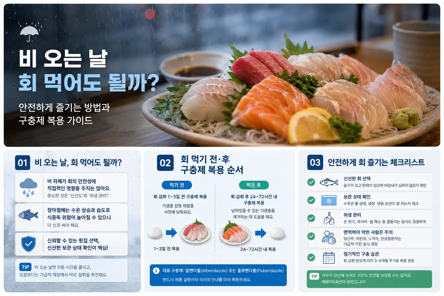 비오는 날 회 먹어도 될까 회 먹기 전후 구충제 복용 순서와 식중독 주의사항