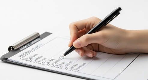 체크리스트에 체크 표시하는 한국인 손