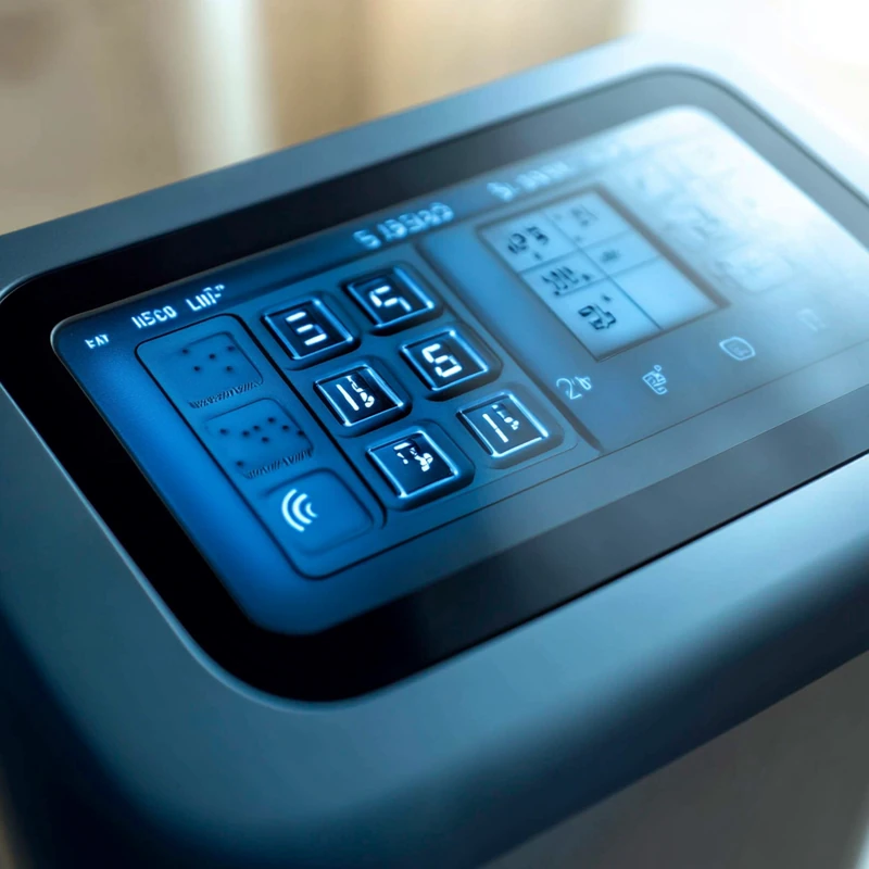 스탠드 에어컨의 디지털 디스플레이가 최신 스마트 기능인 에너지 절약 모드와 온도 조절을 보여줍니다. 기술적 혁신과 사용자 편의성을 강조하며 현대적인 실내 환경과 조화를 이룹니다.