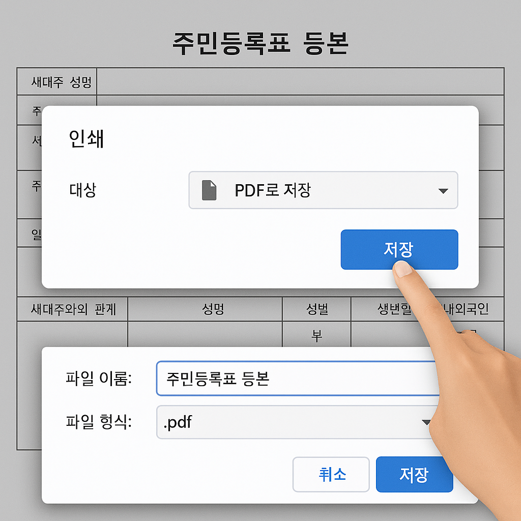 프린터 없이 PDF로 등본을 저장하는 장면